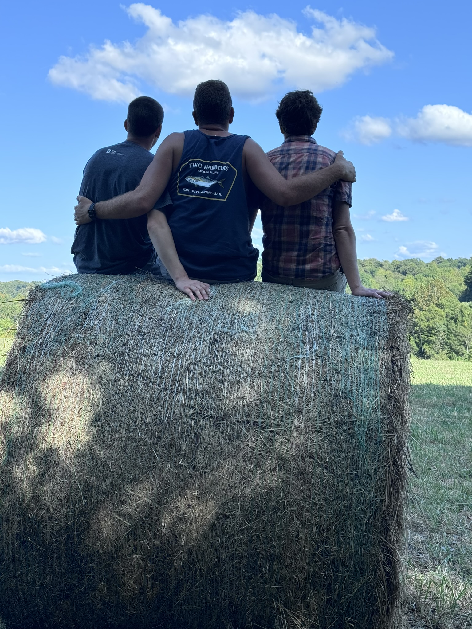 Family on hay bales overlooking the fields